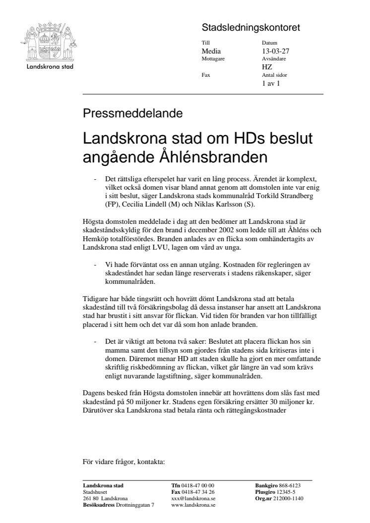 Landskrona stad om HDs beslut angående Åhlénsbranden
