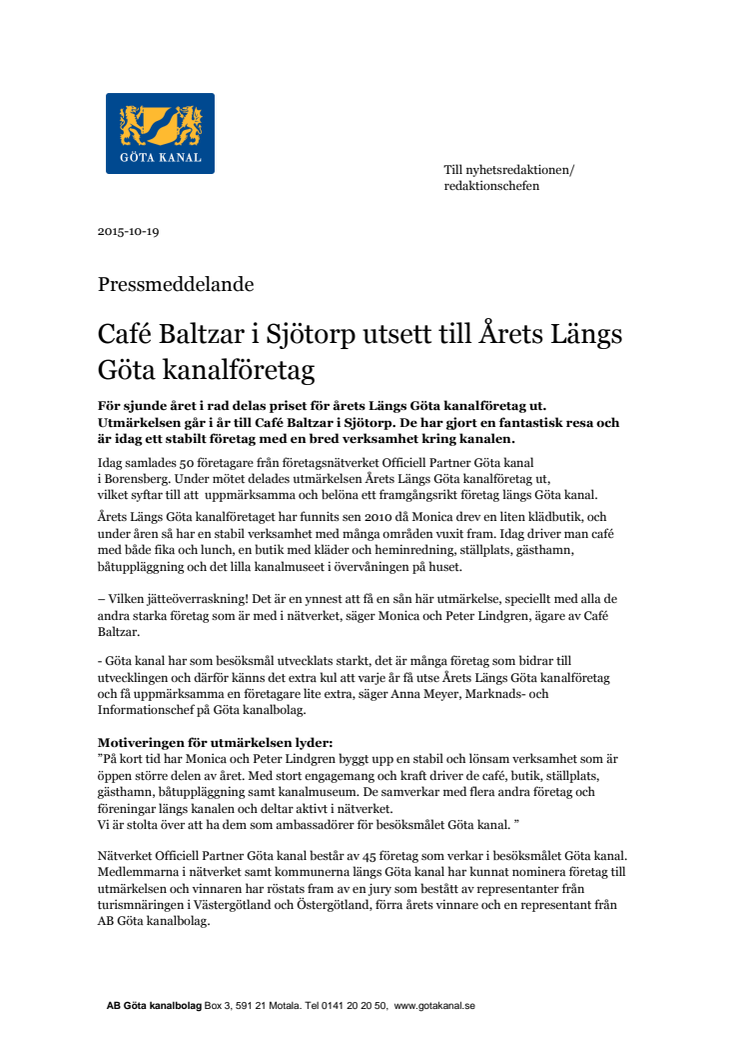 Café Baltzar i Sjötorp utsett till Årets Längs Göta kanalföretag
