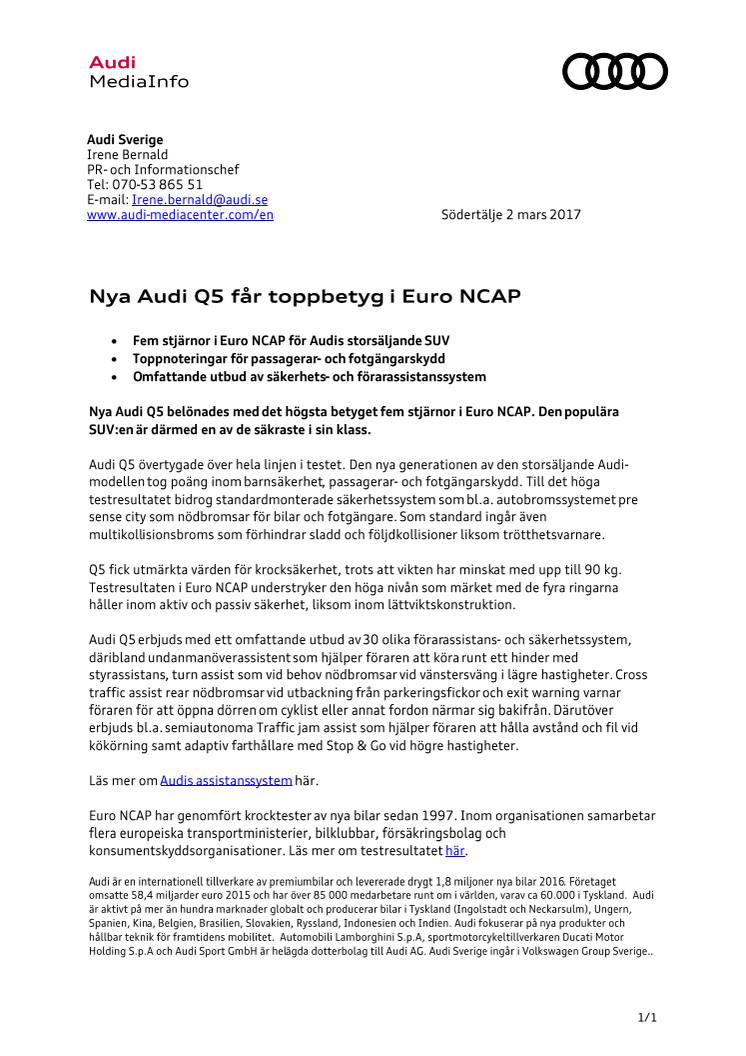 Nya Audi Q5 får toppbetyg i Euro NCAP