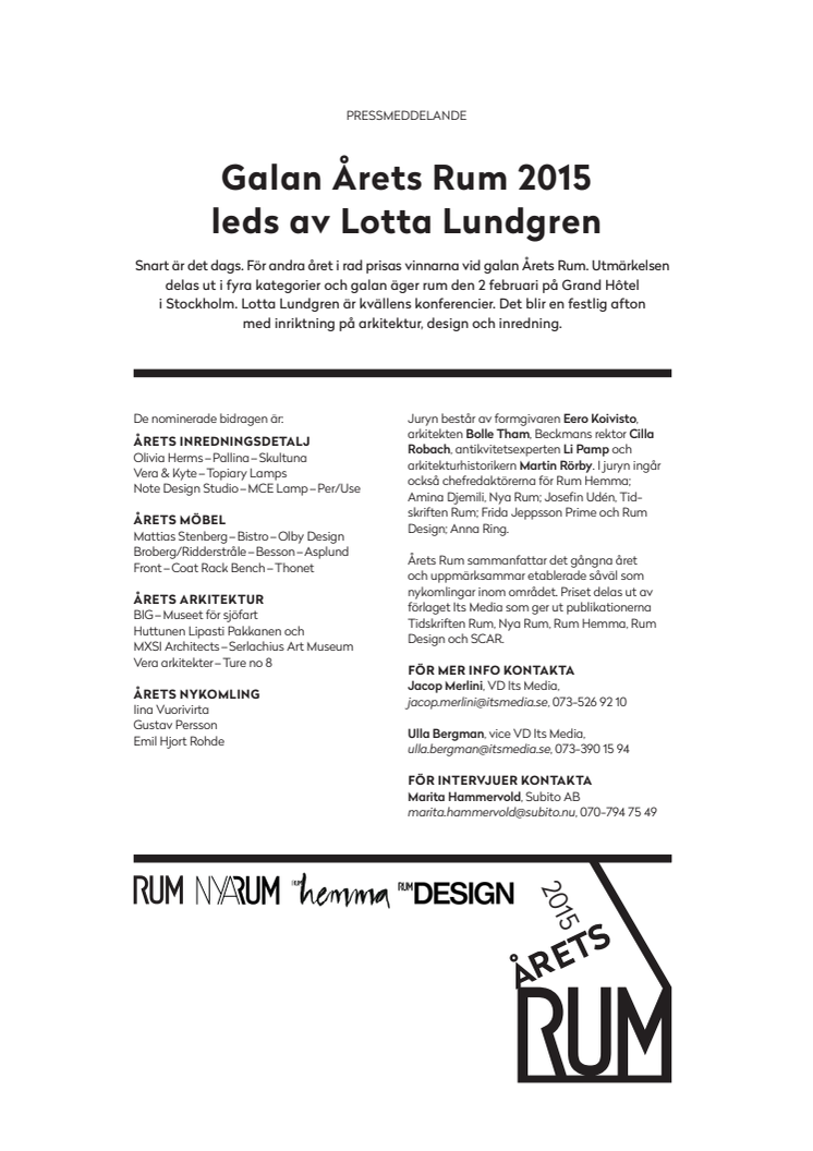 Galan Årets Rum 2015 leds av Lotta Lundgren