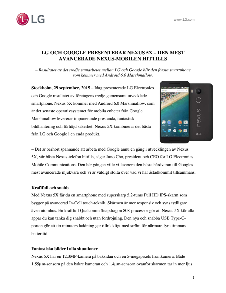 LG OCH GOOGLE PRESENTERAR NEXUS 5X – DEN MEST AVANCERADE NEXUS-MOBILEN HITTILLS