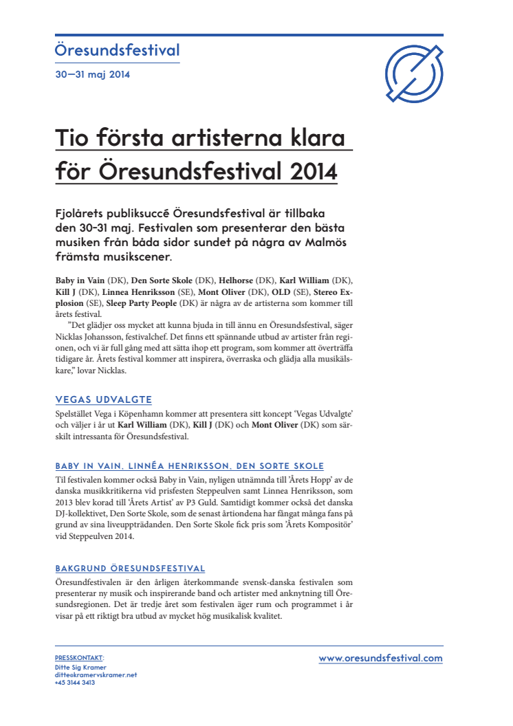 Tio första artisterna klara för Öresundsfestival 2014