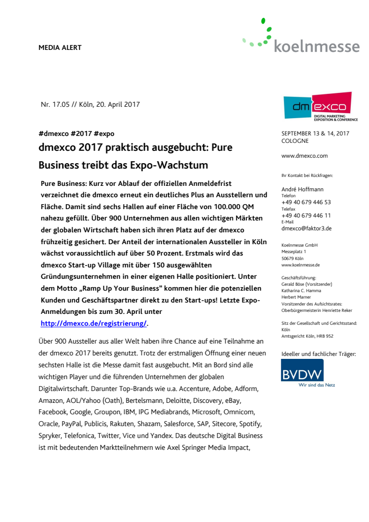 dmexco 2017 praktisch ausgebucht: Pure Business treibt das Expo-Wachstum