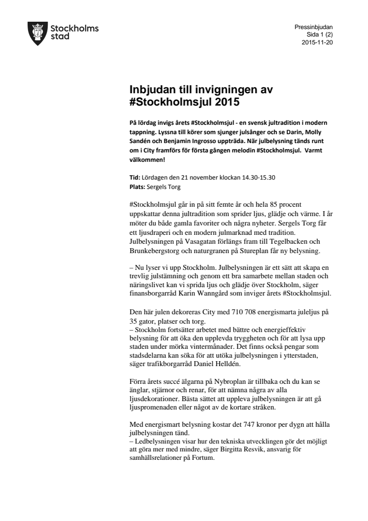 Inbjudan till invigningen av #Stockholmsjul 2015