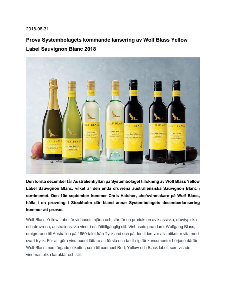 Prova Systembolagets kommande lansering av Wolf Blass Yellow Label Sauvignon Blanc 2018