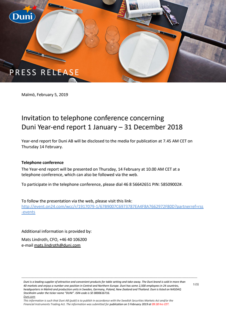 Invitation to telephone conference concerning Duni Year-end report 1 January – 31 December 2018