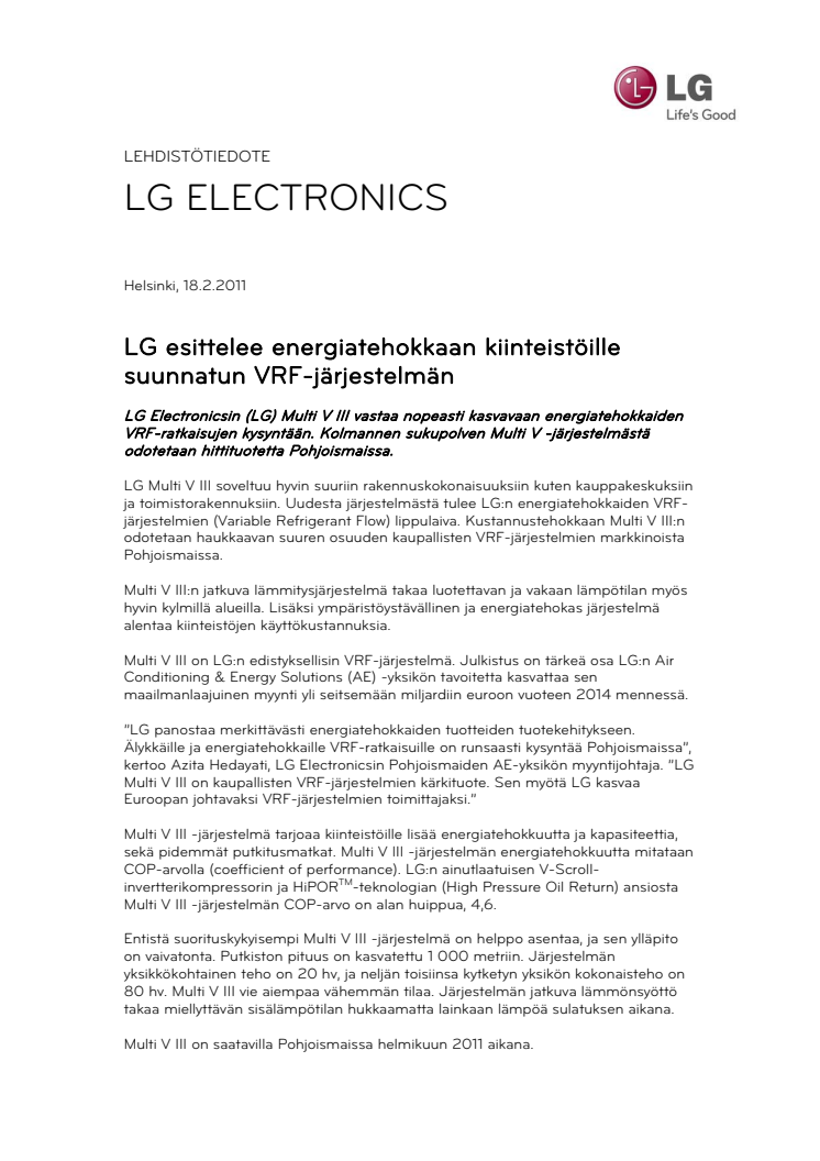 LG esittelee energiatehokkaan kiinteistöille suunnatun VRF-järjestelmän 