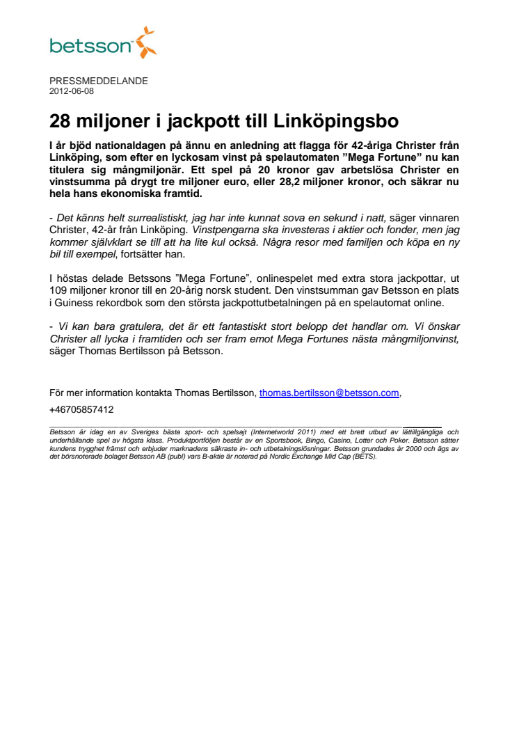 28 miljoner i jackpott till Linköpingsbo 