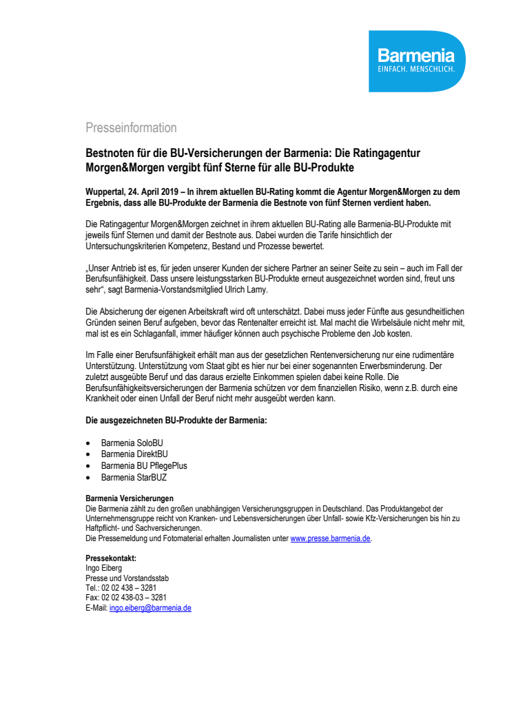 Bestnoten für die BU-Versicherungen der Barmenia: Die Ratingagentur Morgen&Morgen vergibt fünf Sterne für alle BU-Produkte