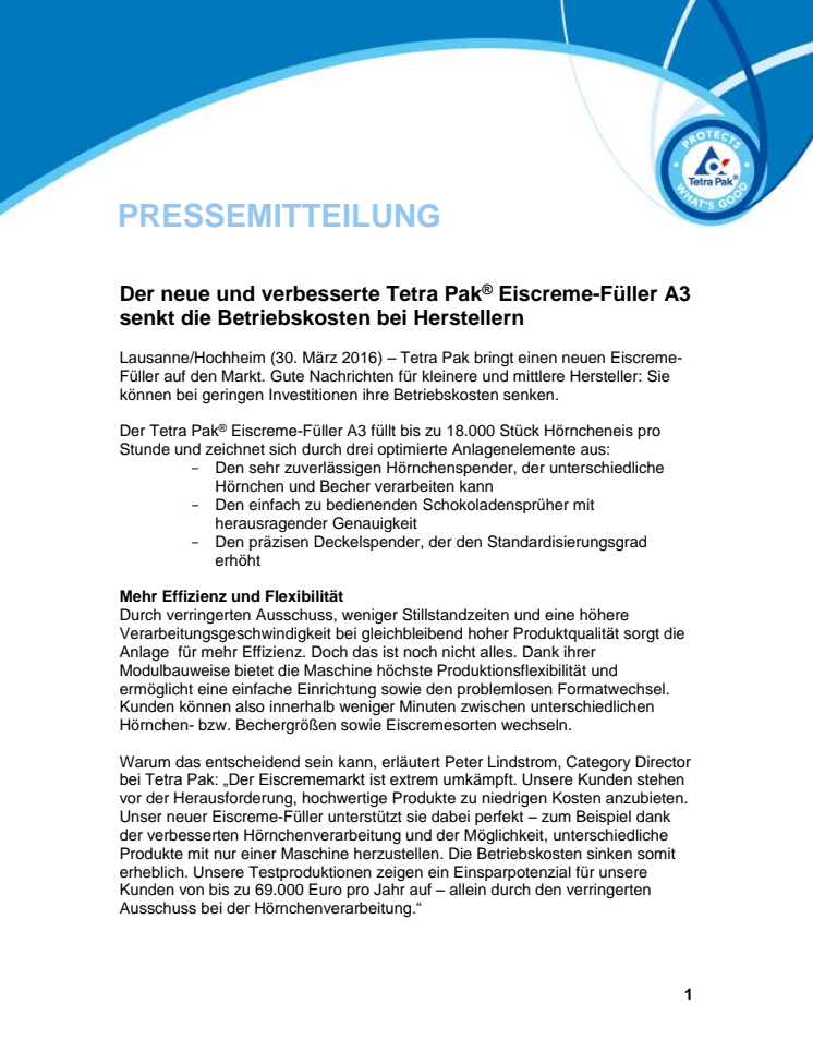 Der neue und verbesserte Tetra Pak® Eiscreme-Füller A3 senkt die Betriebskosten bei Herstellern 