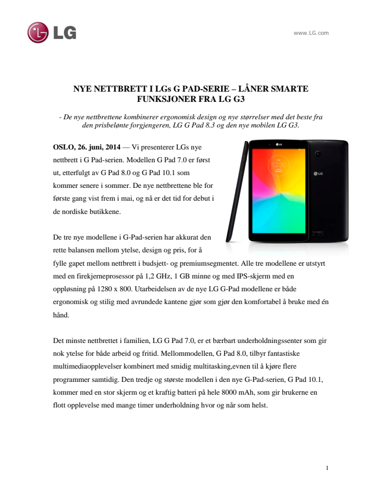 NYE NETTBRETT I LGs G PAD-SERIE – LÅNER SMARTE FUNKSJONER FRA LG G3