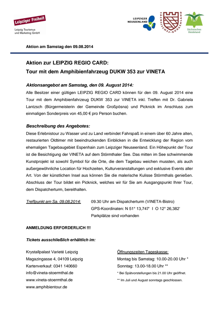 Aktionsangebot Amphibienfahrzeug und VINETA am 09.08.2014