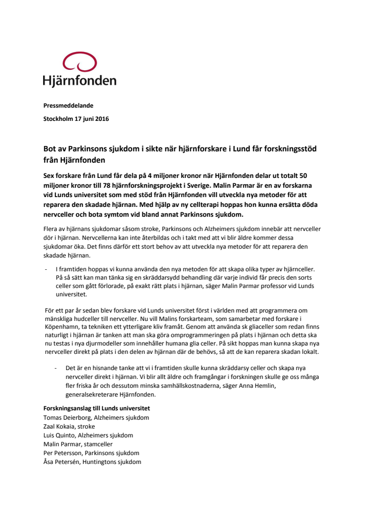 Bot av Parkinsons sjukdom i sikte när hjärnforskare i Lund får forskningsstöd från Hjärnfonden