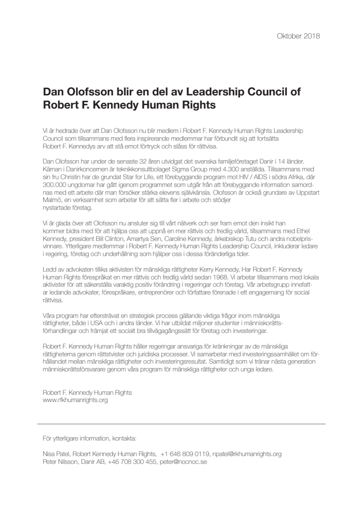 Dan Olofsson blir en del av Leadership Council of Robert F. Kennedy Human Rights