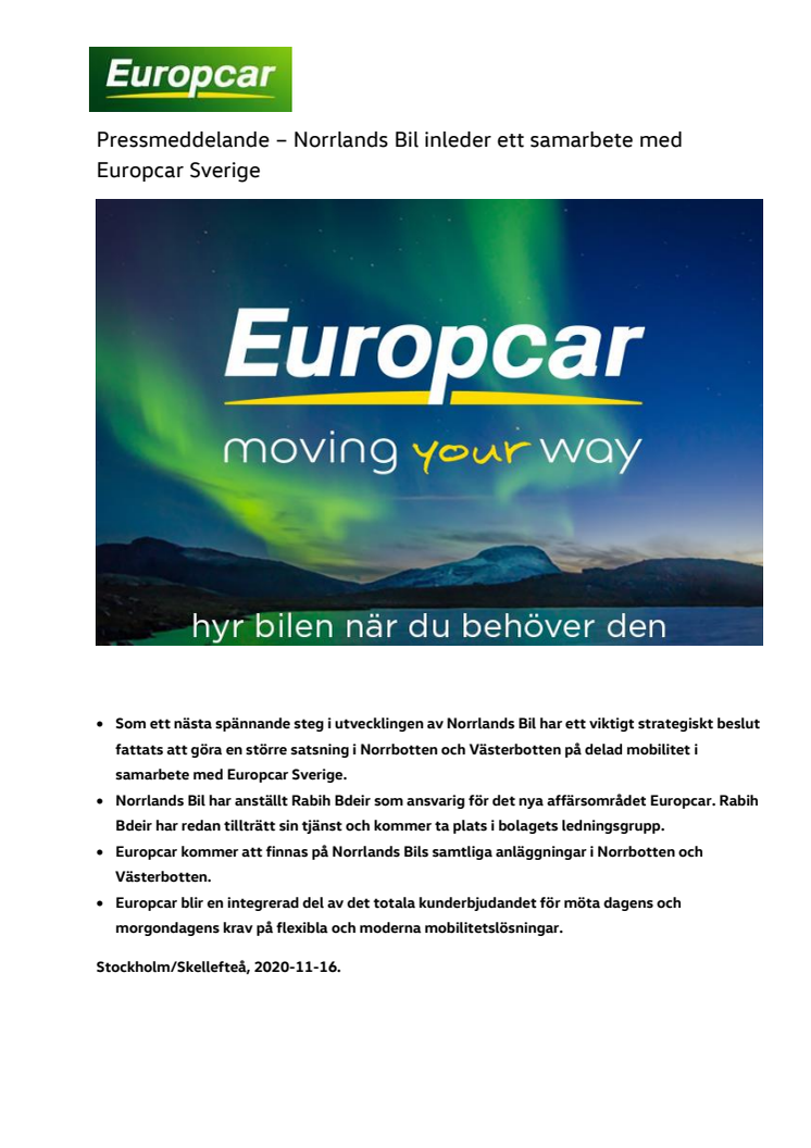 Norrlands Bil inleder ett samarbete med Europcar Sverige 