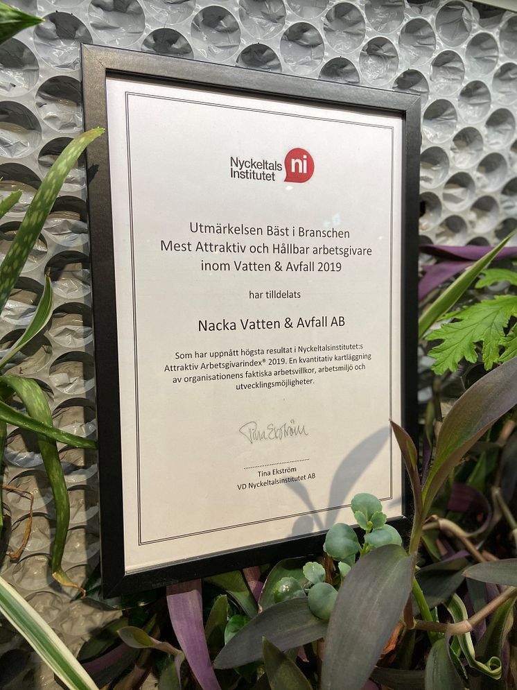 Diplom utmärkelsen Mest attraktiv och hållbar arbetsgivare inom Vatten och Avfall 2019