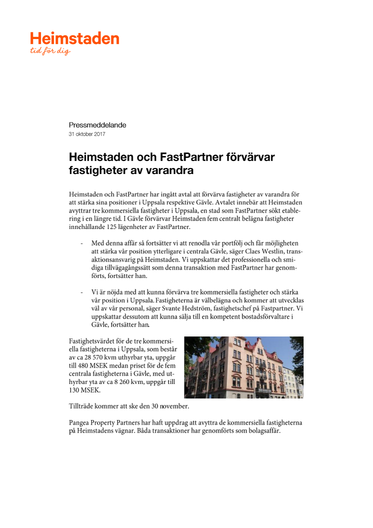 Heimstaden och FastPartner förvärvar fastigheter av varandra