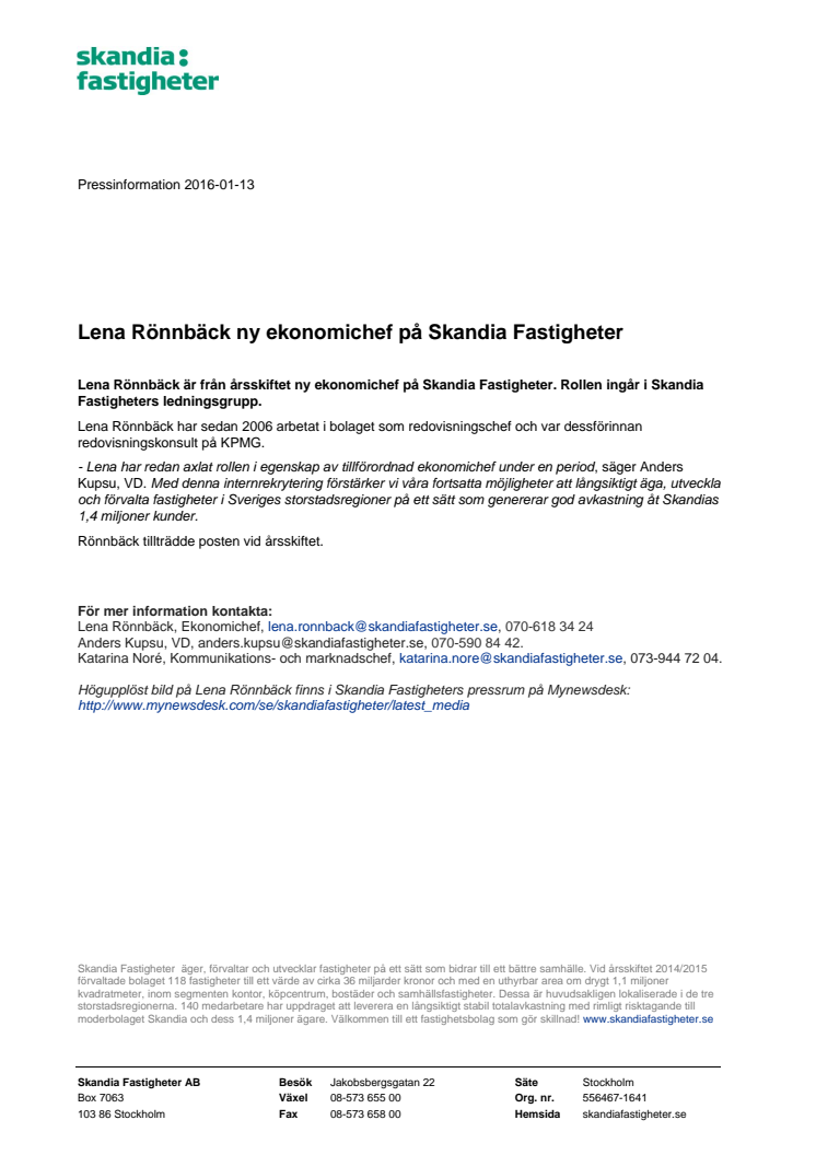 Lena Rönnbäck ny ekonomichef på Skandia Fastigheter 