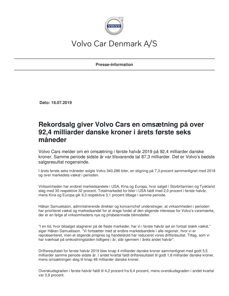 Rekordsalg giver Volvo Cars en omsætning på over 92,4 milliarder danske kroner i årets første seks måneder
