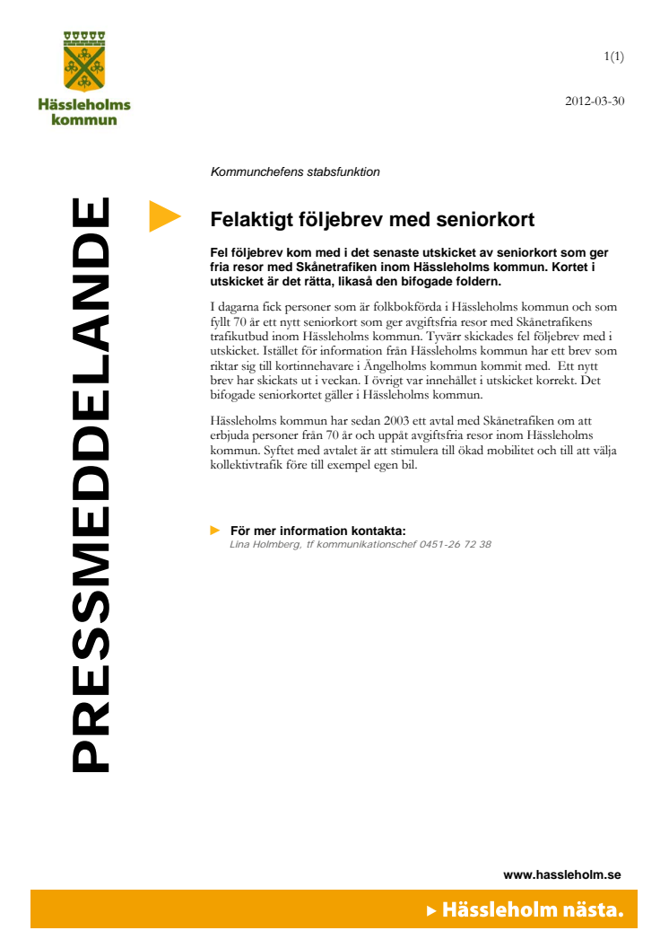 Felaktigt följebrev med seniorkort