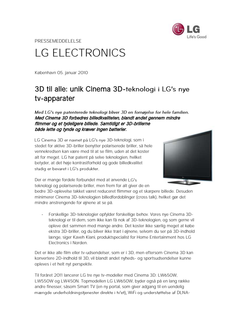 3D til alle: unik Cinema 3D-teknologi i LG’s nye tv-apparater