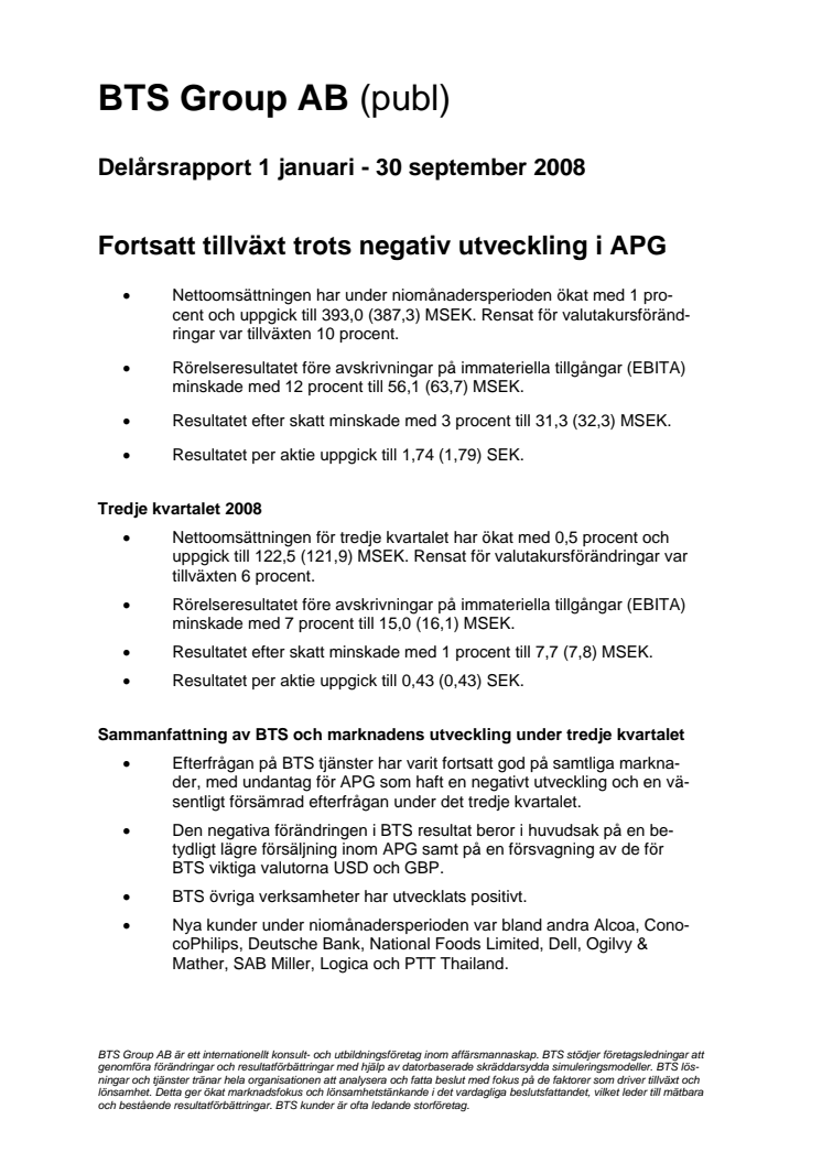 BTS Group AB (publ) Delårsrapport för tredje kvartalet 2008