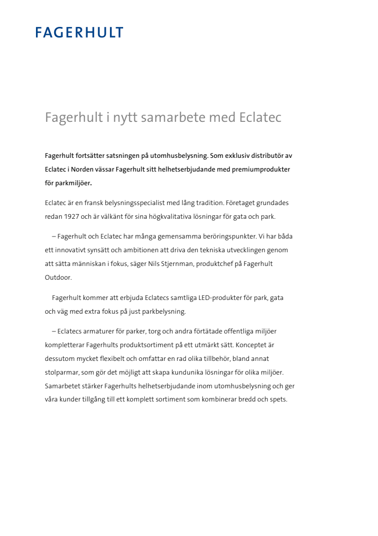 Fagerhult in new cooperation with Eclatec 