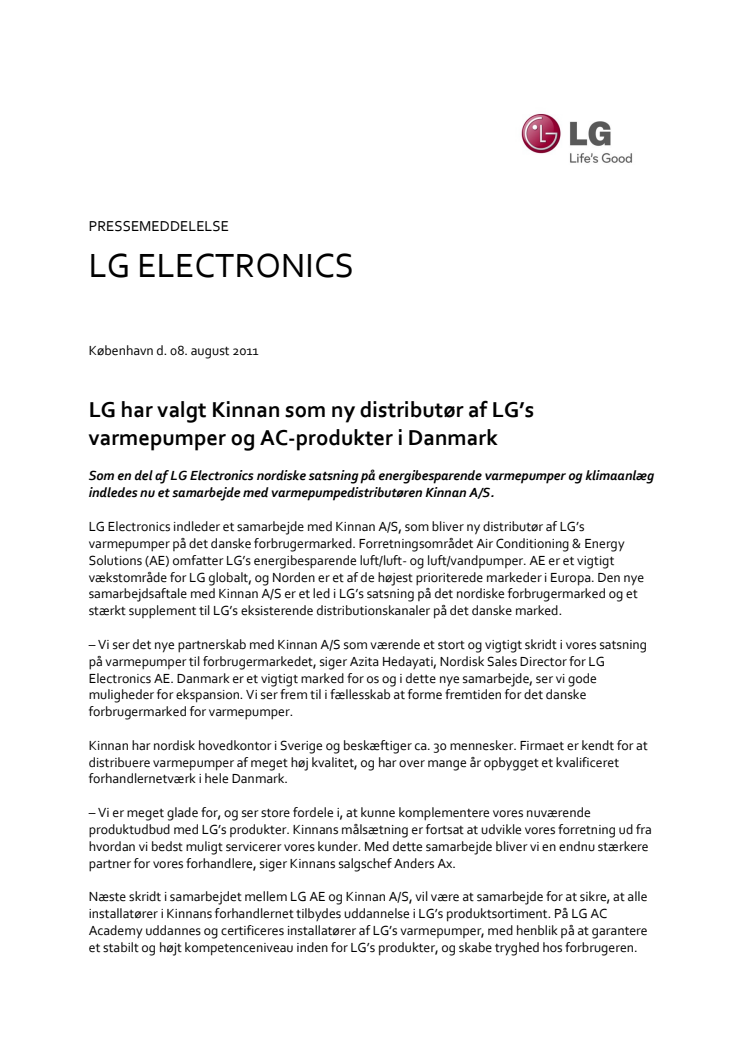 LG har valgt Kinnan som ny distributør af LG’s varmepumper og AC-produkter i Danmark