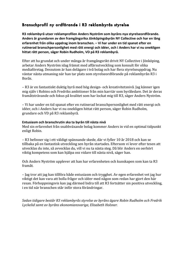 Branschprofil ny ordförande i R3 reklambyrås styrelse