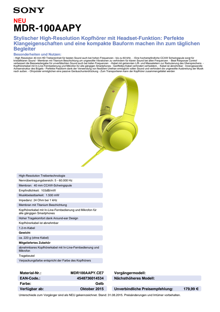 Datenblatt h.ear on von Sony_gelb
