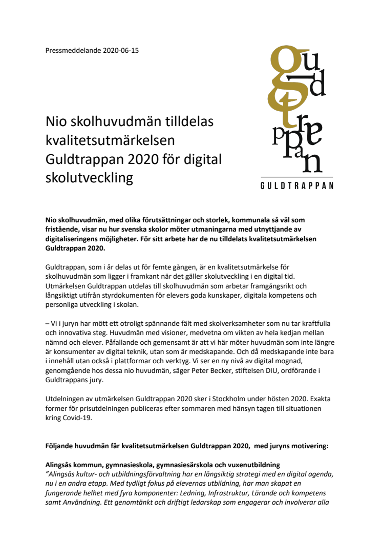 Nio skolhuvudmän tilldelas kvalitetsutmärkelsen Guldtrappan 2020 för digital skolutveckling