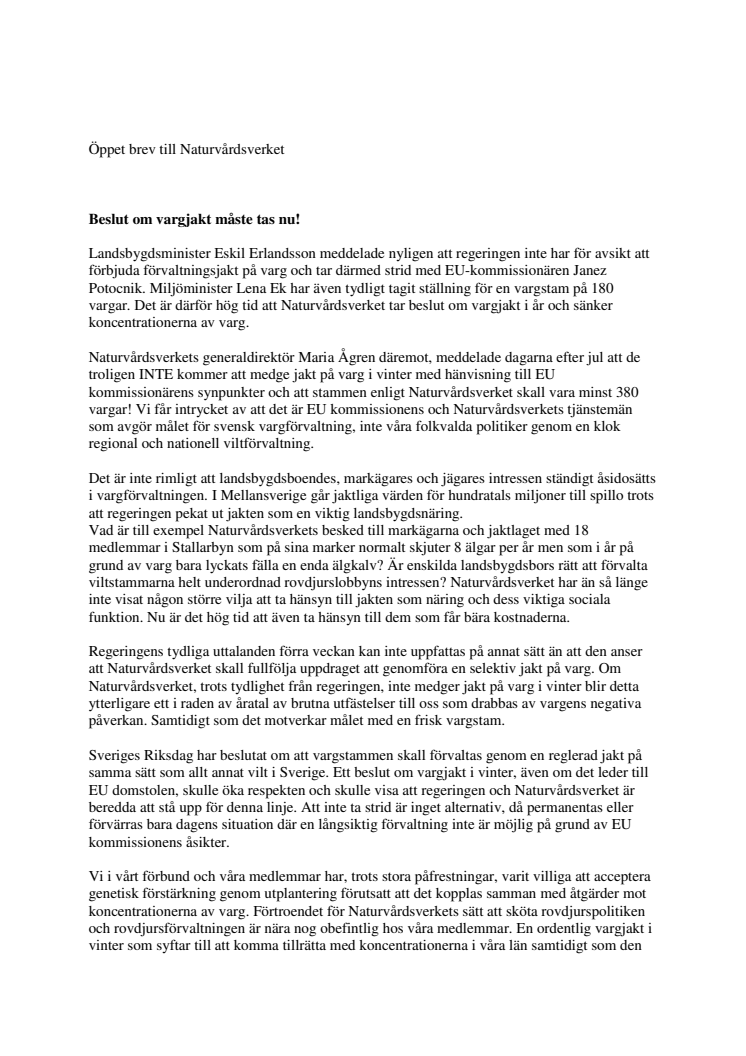 Öppet brev till Naturvårdsverket: Beslut om vargjakt måste tas nu!
