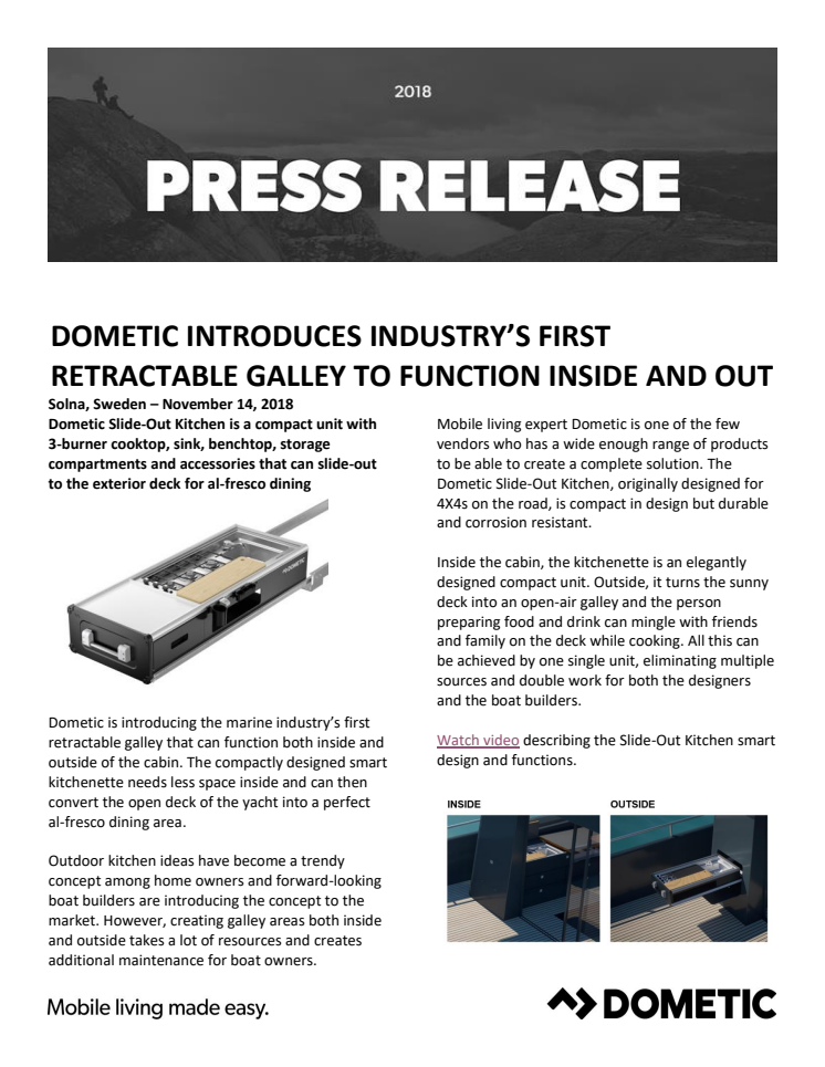 Dometic Introduces Industry’s First Retractable Galley to Function Inside and Out