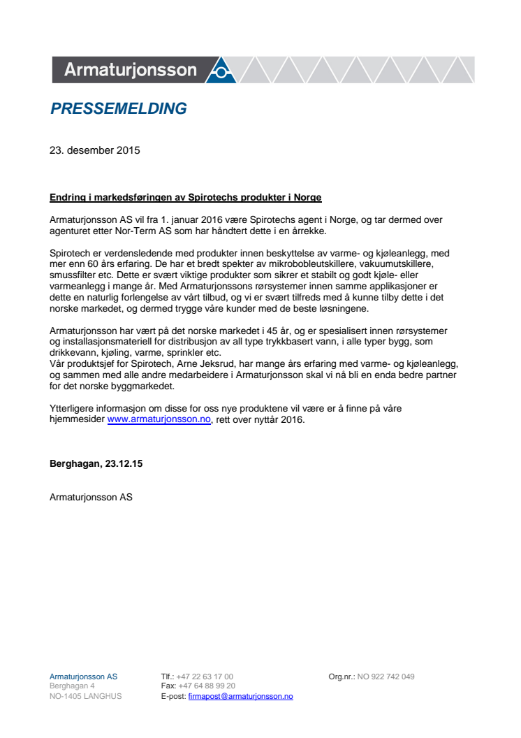 Armaturjonsson AS blir Spirotechs agent i Norge