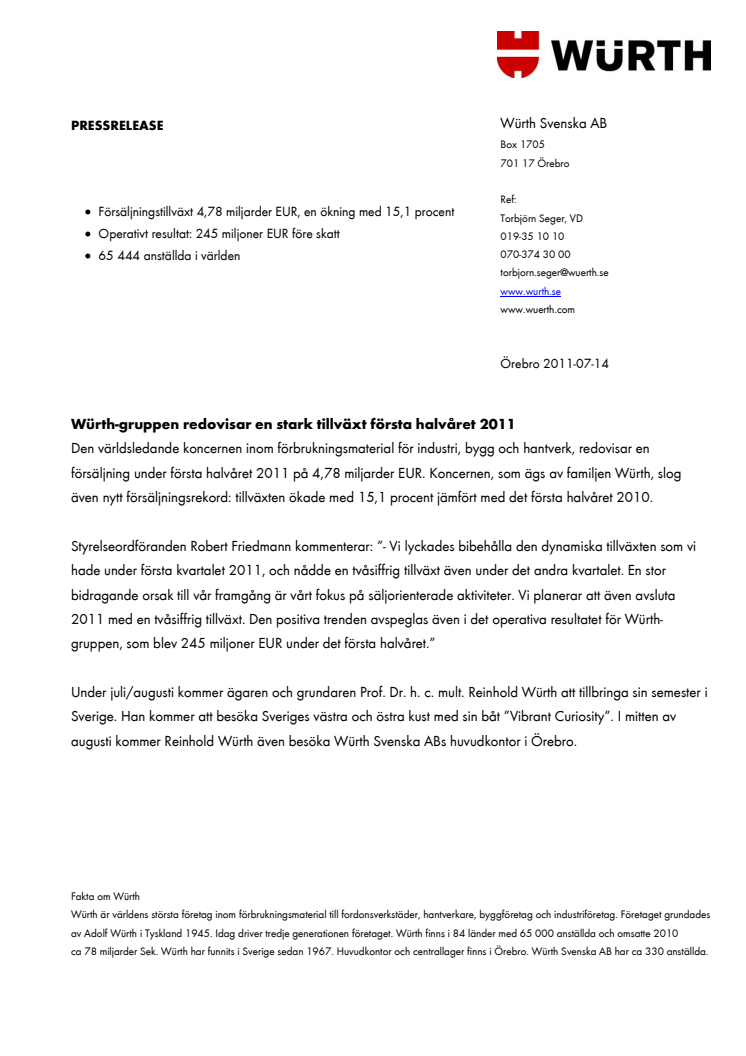 Würth-gruppen redovisar en stark tillväxt första halvåret 2011