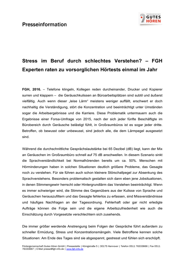 Stress im Beruf durch schlechtes Verstehen? – FGH Experten raten zu vorsorglichen Hörtests einmal im Jahr