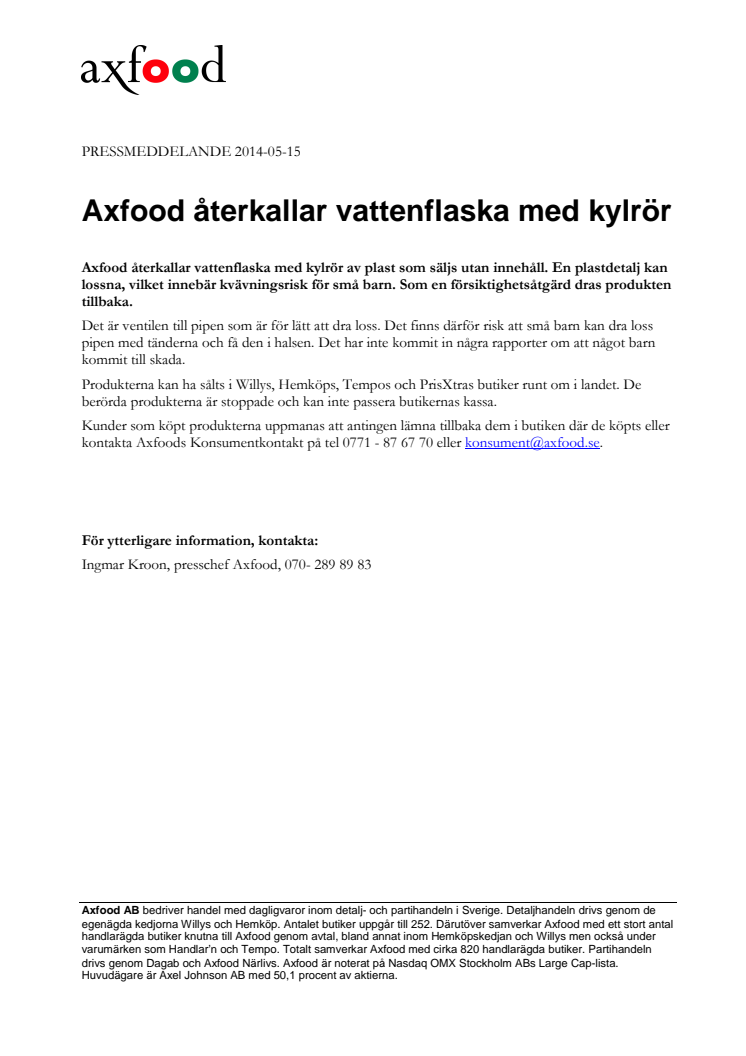 Axfood återkallar vattenflaska med kylrör