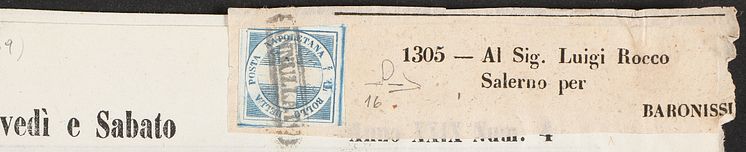 Naples. 1860. CROSS OF SAVOY, 1:2 tornese, blue. Beautiful and flawlesscopy with large margins on wrapper on complete newspaper "L'Omnibus" dated.jpeg
