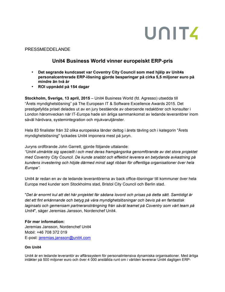 Unit4 Business World vinner europeiskt ERP-pris 