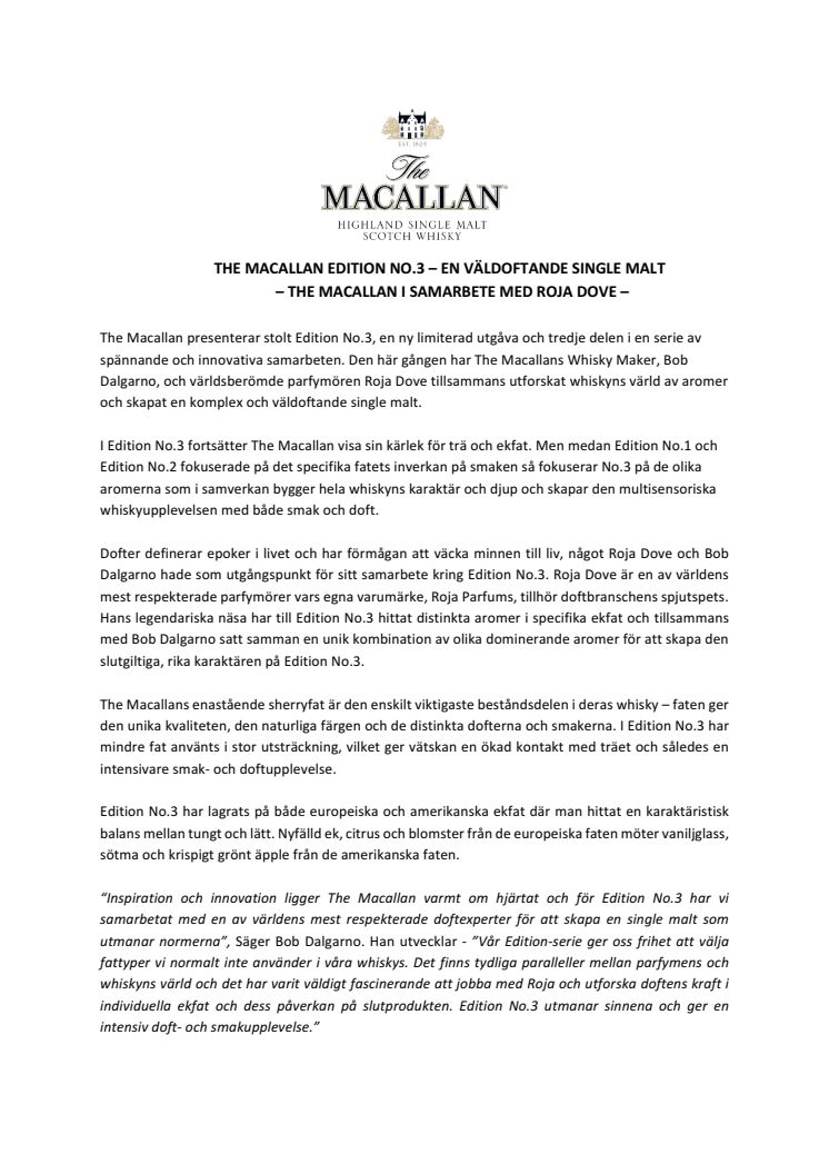 The Macallan lanserar Edition No.3  i samarbete med Roja Dove 
