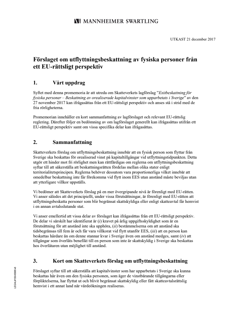 Mannheimer Swartling Advokatbyrå: Analys av utflyttningsskatten