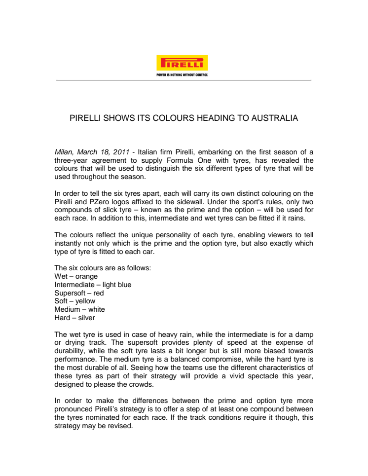 Pirelli Formula 1 press release in English, tyre colors