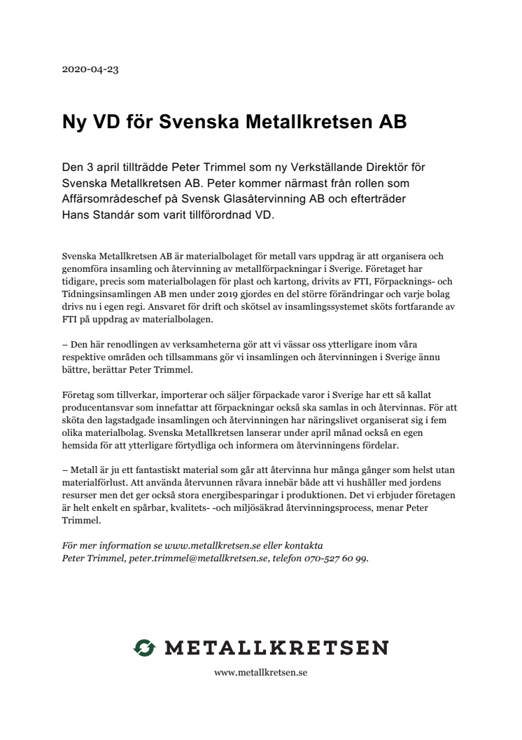 Ny VD för Svenska Metallkretsen AB