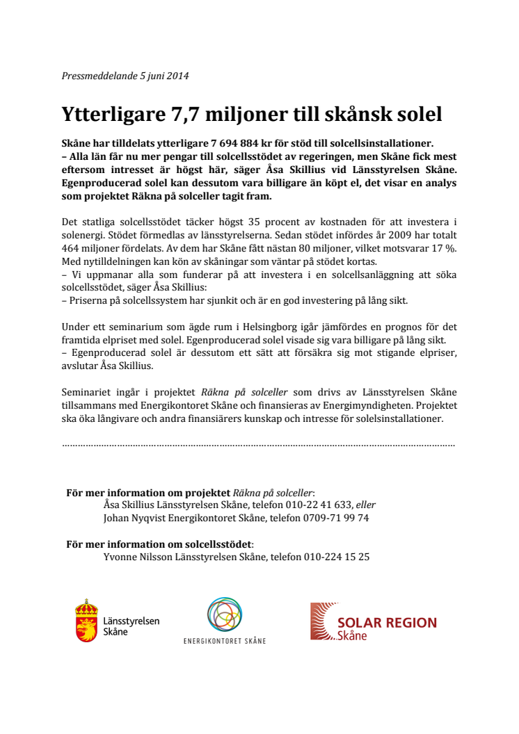 Ytterligare 7,7 miljoner till skånsk solel