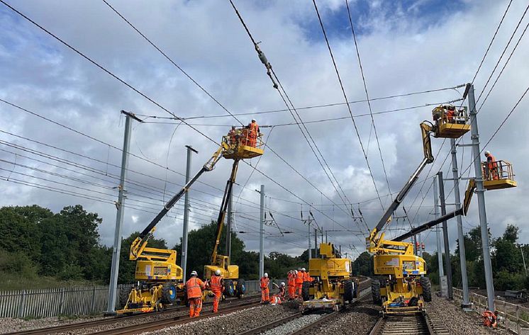 Engineers installing overhead lines as part of the Midland Mainline Upgrade, Network Rail