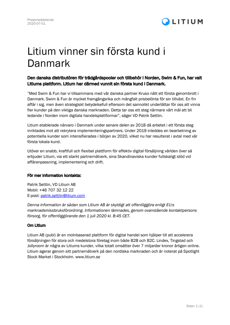 Litium vinner sin första kund i Danmark