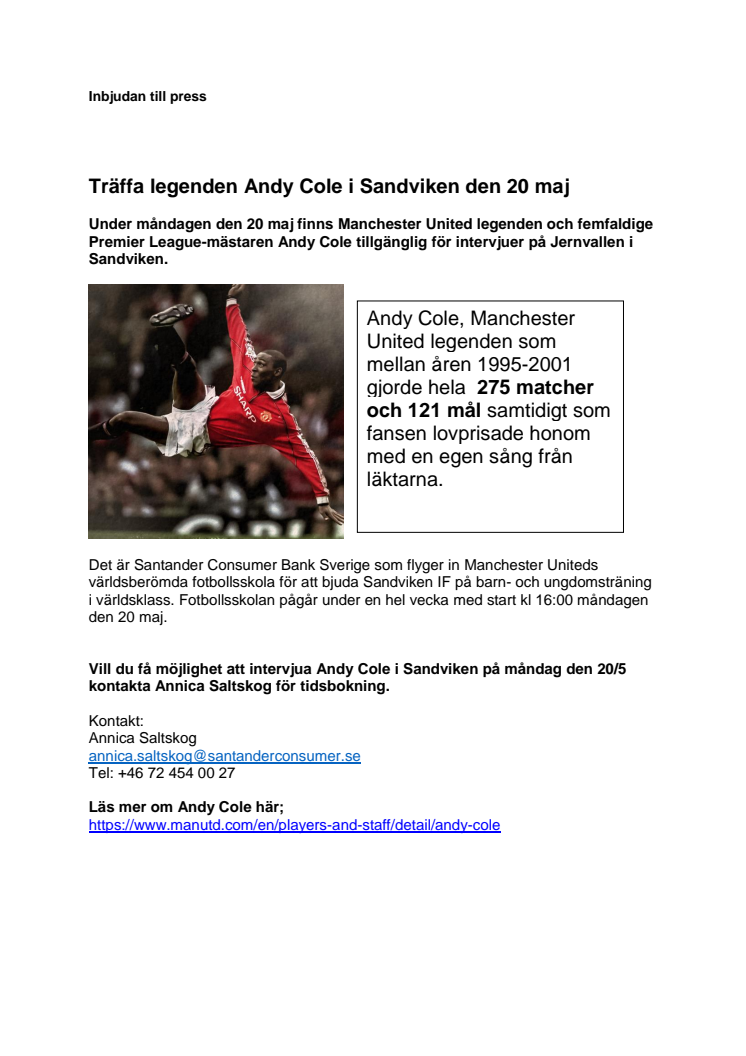 Pressinbjudan - Träffa legenden Andy Cole i Sandviken den 20 maj