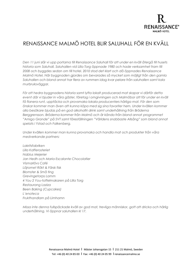 Renaissance Malmö Hotel blir Saluhall för en kväll! 