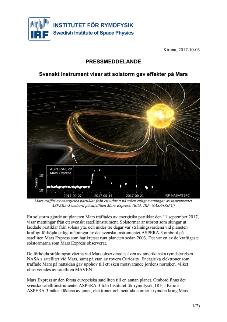 Svenskt instrument visar att solstorm gav effekter på Mars