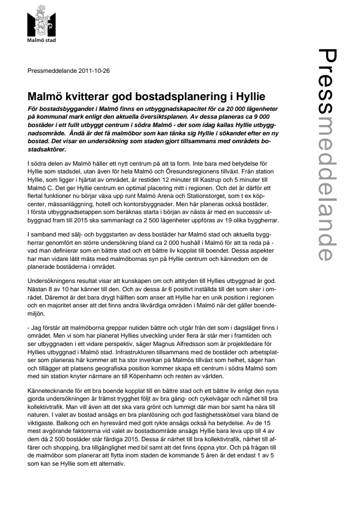 Malmö kvitterar god bostadsplanering i Hyllie